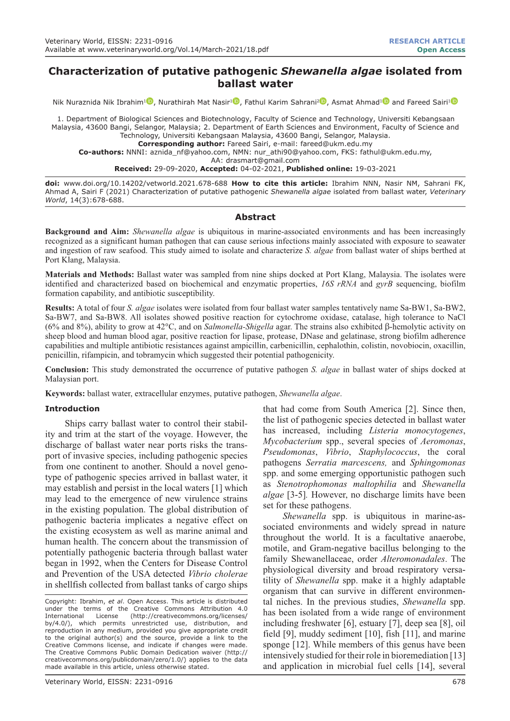 Characterization of Putative Pathogenic Shewanella Algae Isolated from Ballast Water