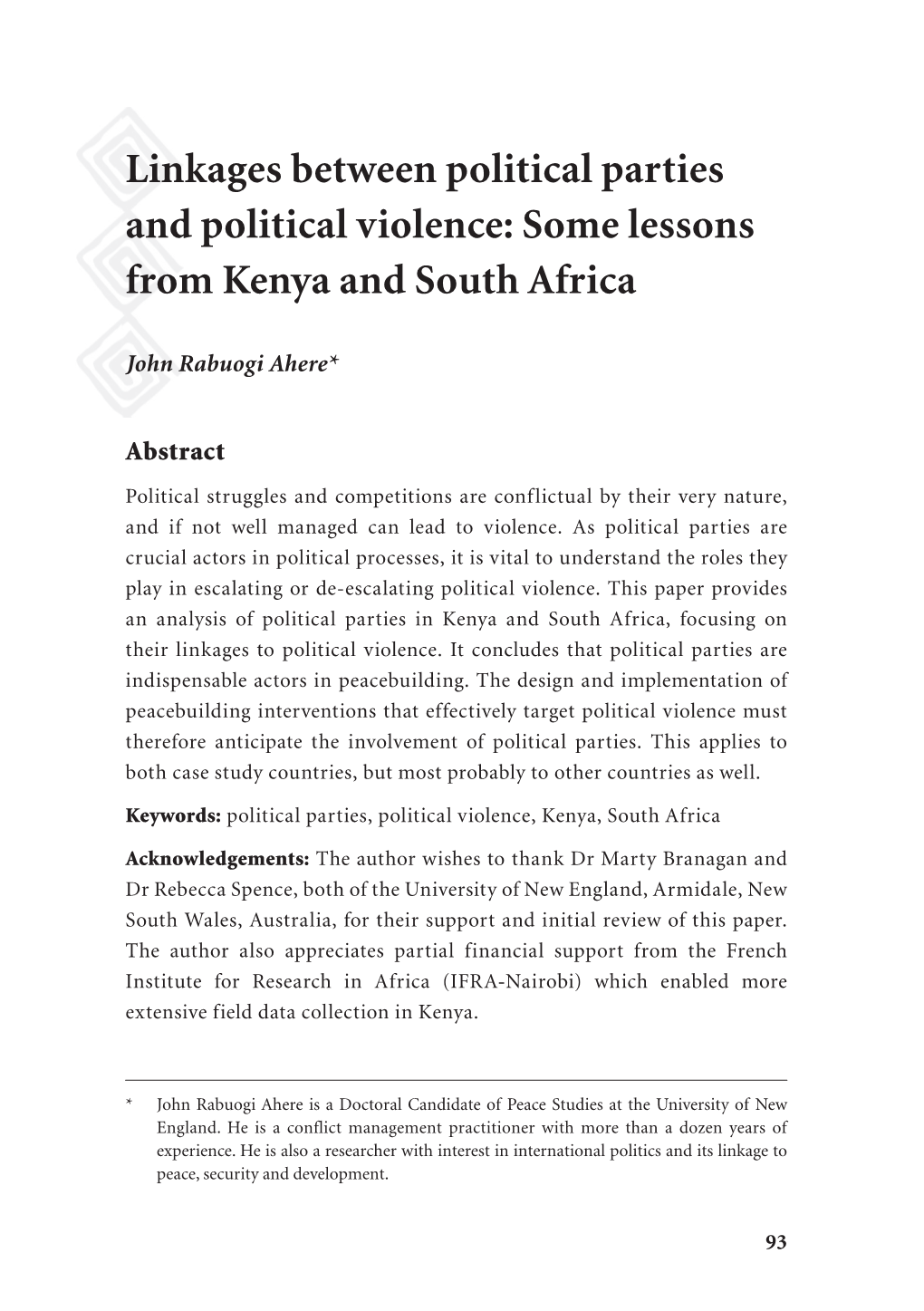 Linkages Between Political Parties and Political Violence: Some Lessons from Kenya and South Africa