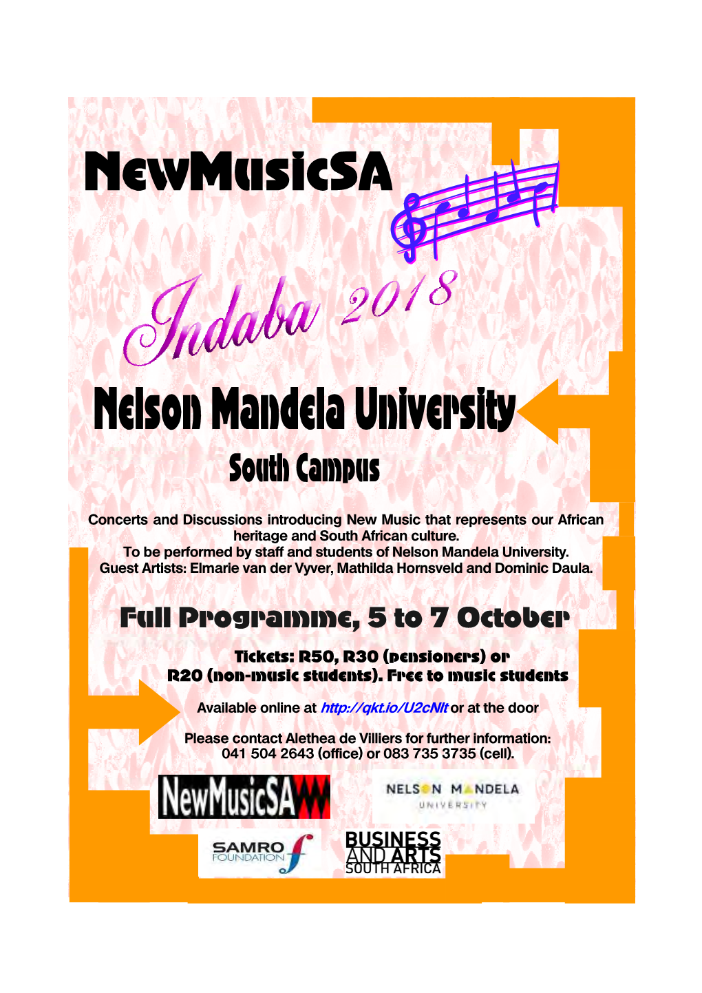 Full Programme, 5 to 7 October Tickets: R50, R30 (Pensioners) Or R20 (Non-Music Students)