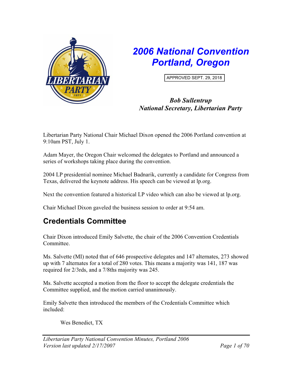 July 1-2, 2006, Libertarian National Convention Minutes