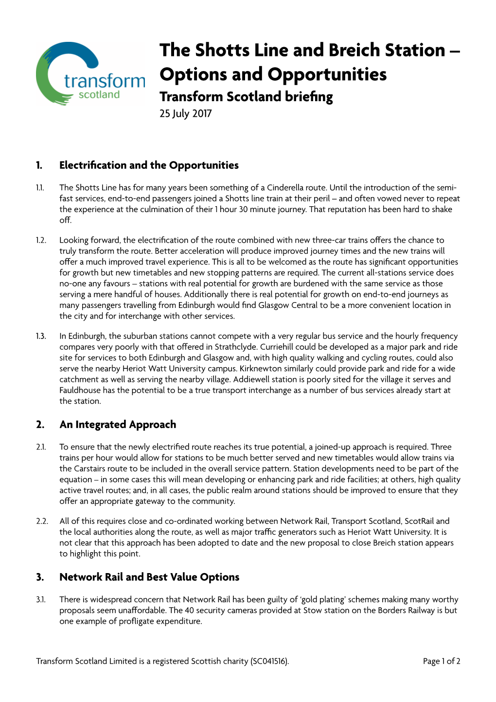 Shotts Line and Breich Station -- Transform Scotland Briefing