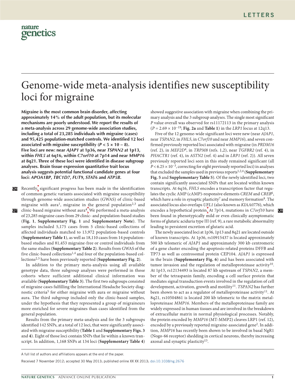 Genome-Wide Meta-Analysis Identifies New Susceptibility Loci for Migraine