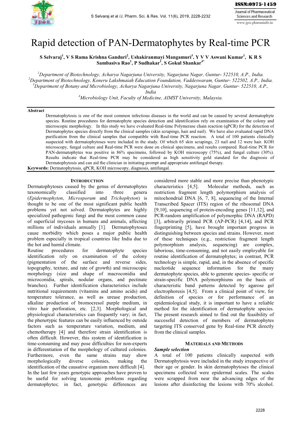 Rapid Detection of PAN-Dermatophytes by Real-Time PCR