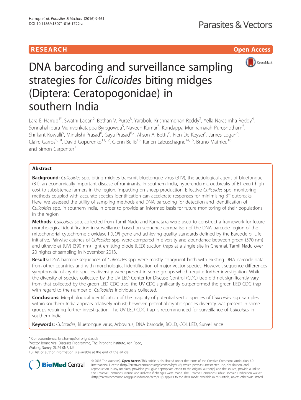 DNA Barcoding and Surveillance Sampling Strategies for Culicoides Biting Midges (Diptera: Ceratopogonidae) in Southern India Lara E