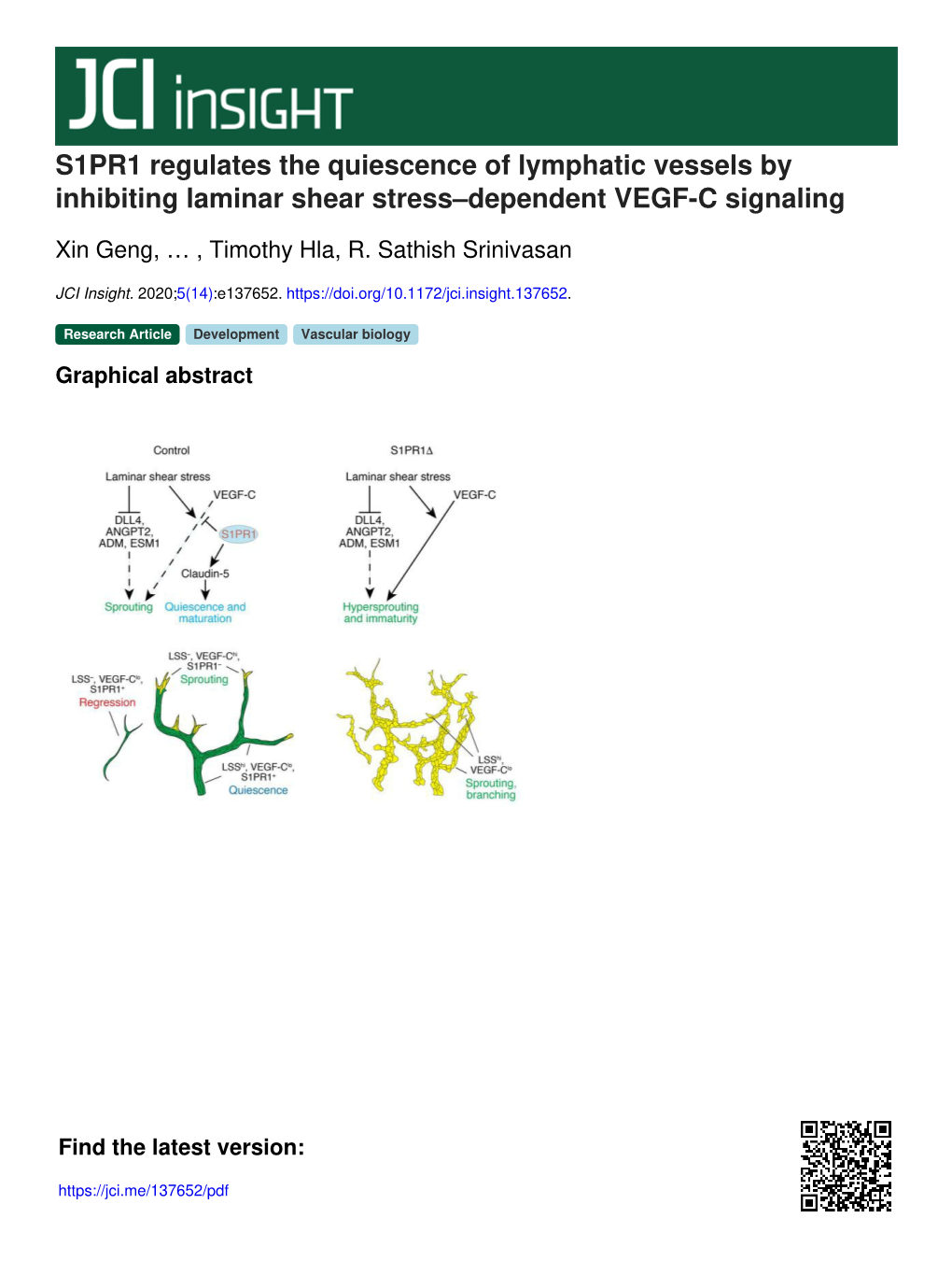 S1PR1 Regulates the Quiescence of Lymphatic Vessels by Inhibiting Laminar Shear Stress–Dependent VEGF-C Signaling