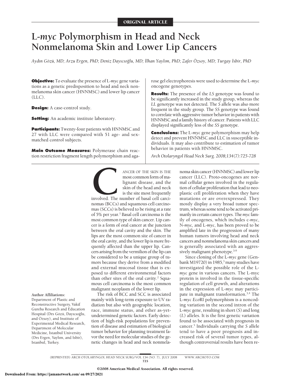 L-Myc Polymorphism in Head and Neck Nonmelanoma Skin and Lower Lip Cancers