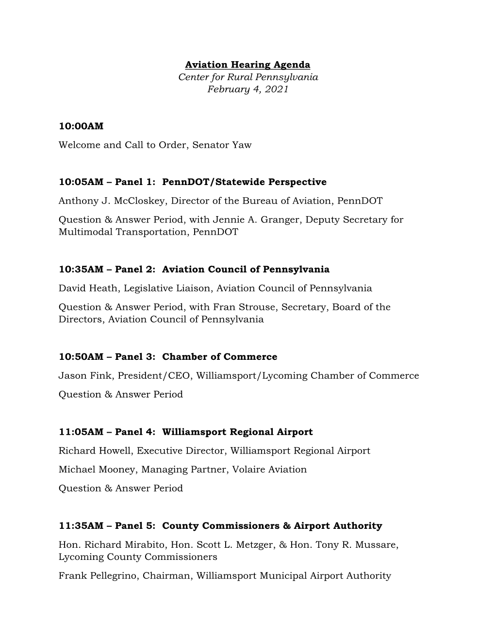 Aviation Hearing Agenda Center for Rural Pennsylvania February 4, 2021