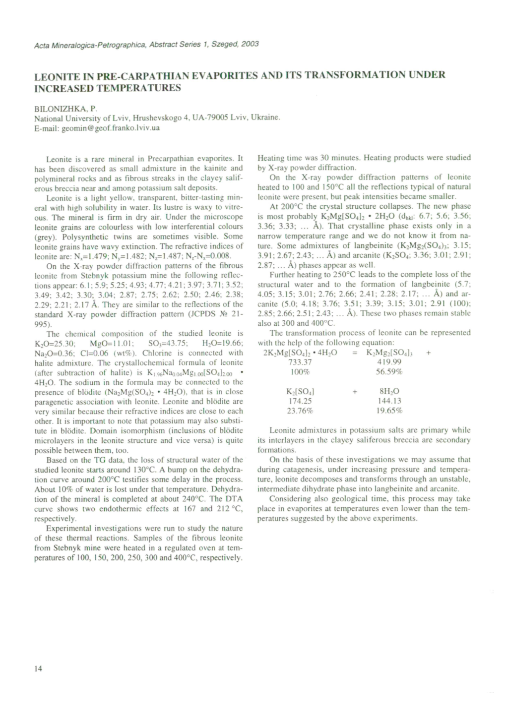 Leonite in Pre-Carpathian Evaporites and Its Transformation Under Increased Temperatures