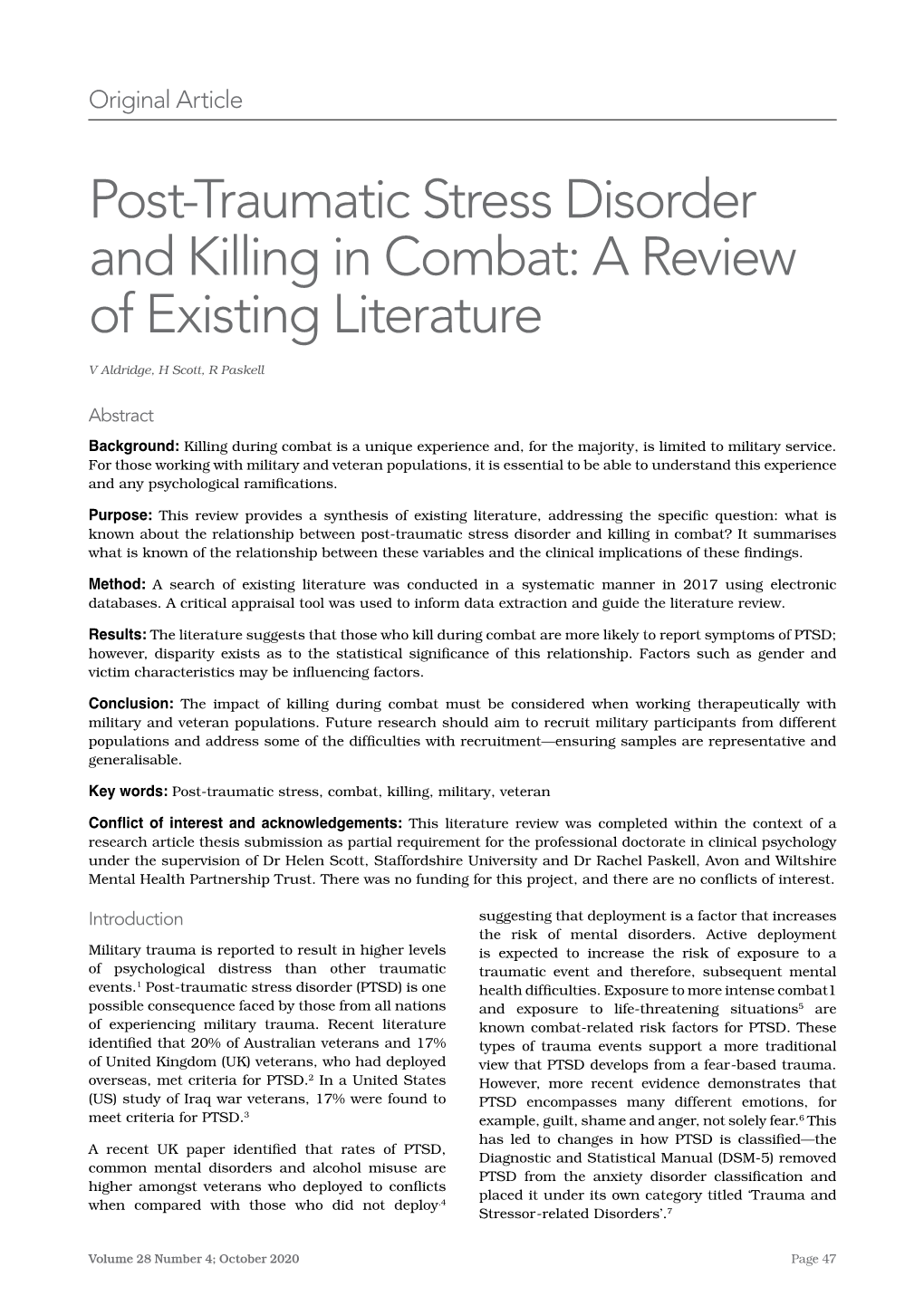 Post-Traumatic Stress Disorder and Killing in Combat: a Review of Existing Literature