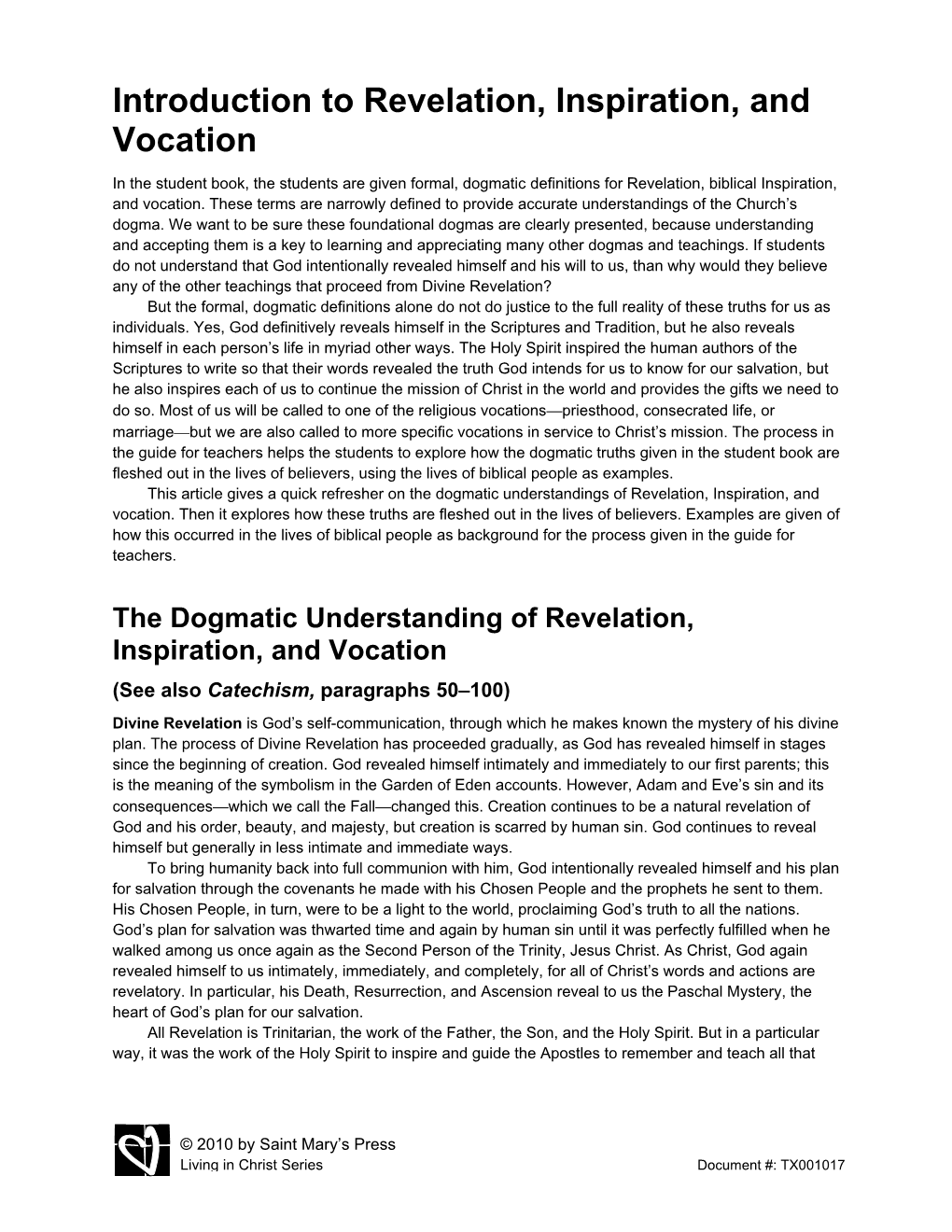 Introduction to Revelation, Inspiration, and Vocation