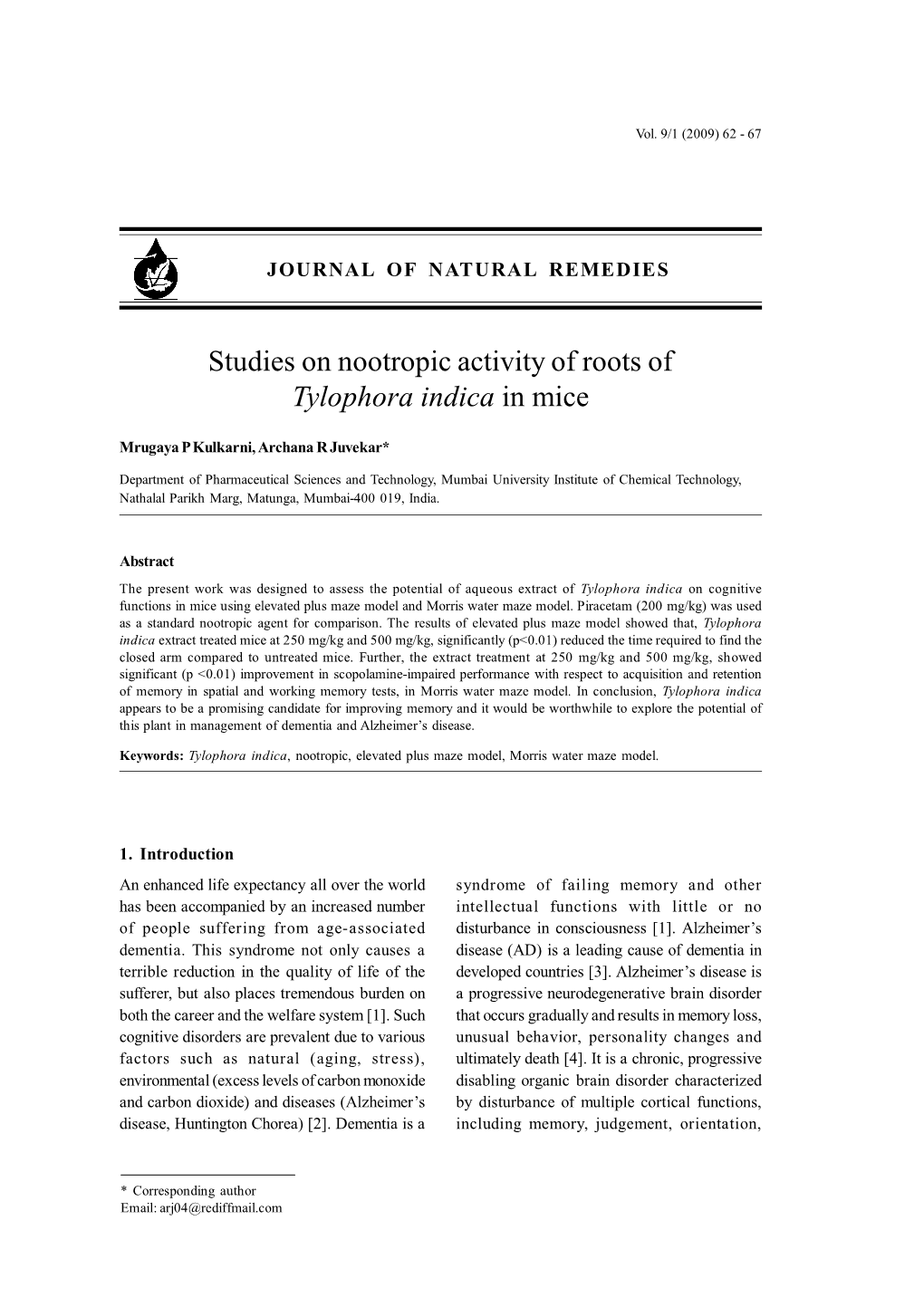 Studies on Nootropic Activity of Roots of Tylophora Indica in Mice