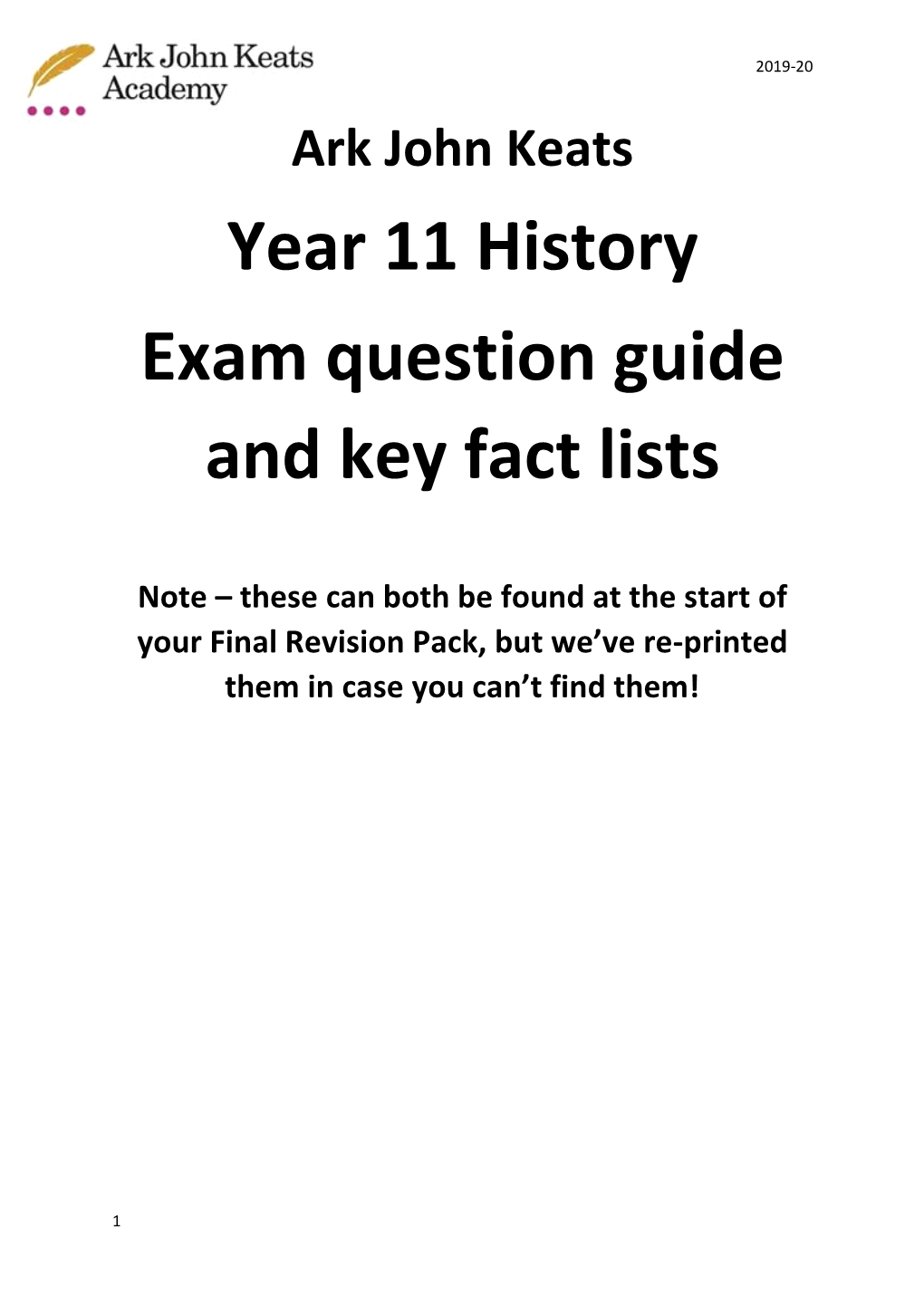 Year 11 History Exam Question Guide and Key Fact Lists