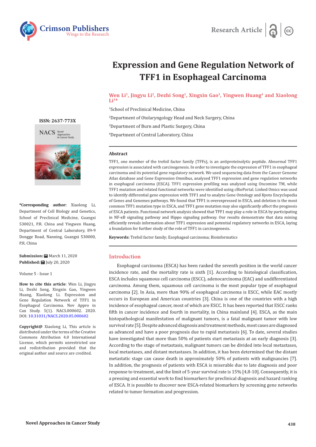 Expression and Gene Regulation Network of TFF1 in Esophageal Carcinoma