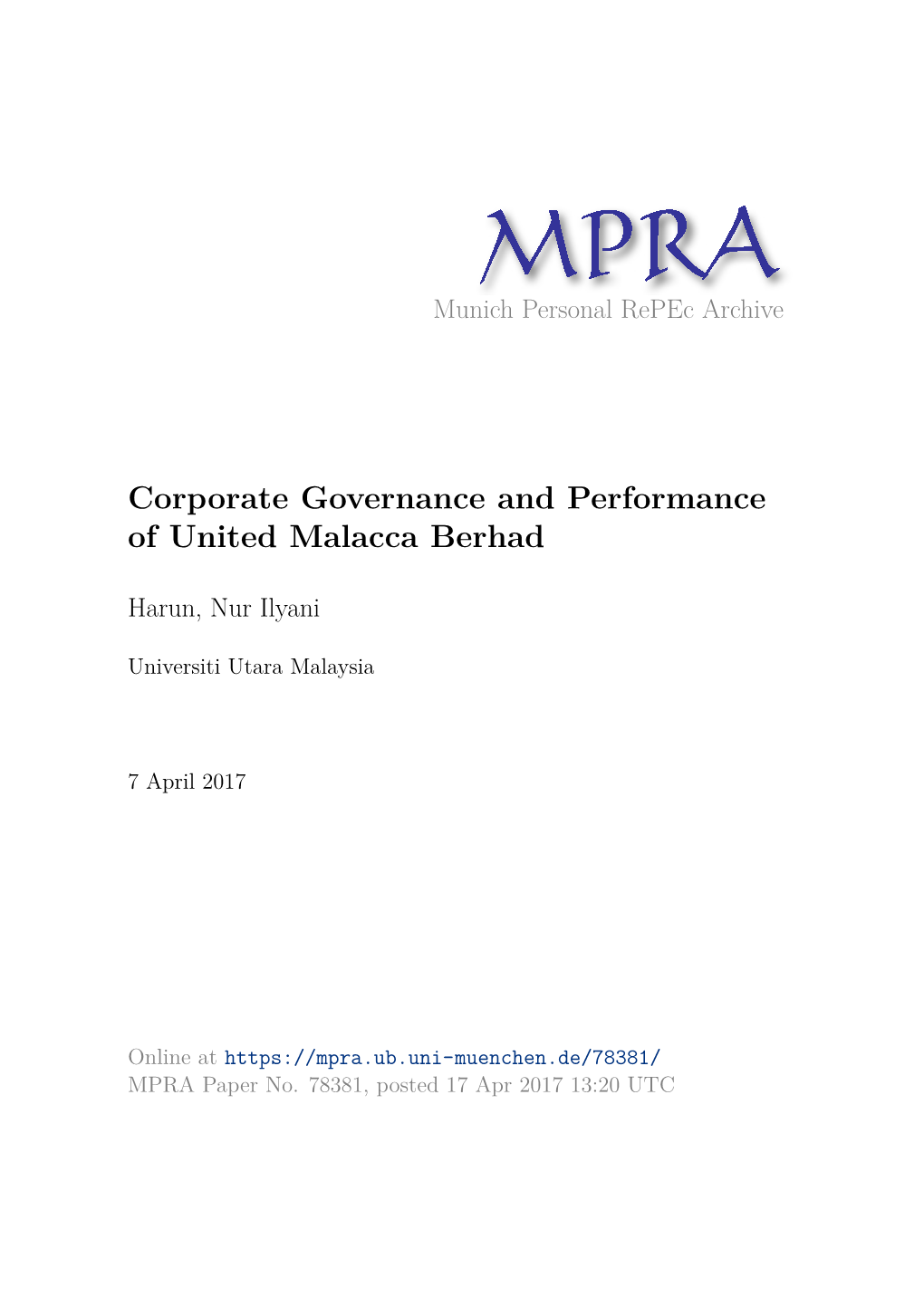 Corporate Governance and Performance of United Malacca Berhad