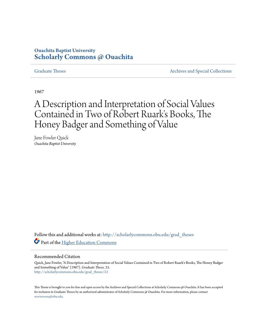 A Description and Interpretation of Social Values Contained in Two Of