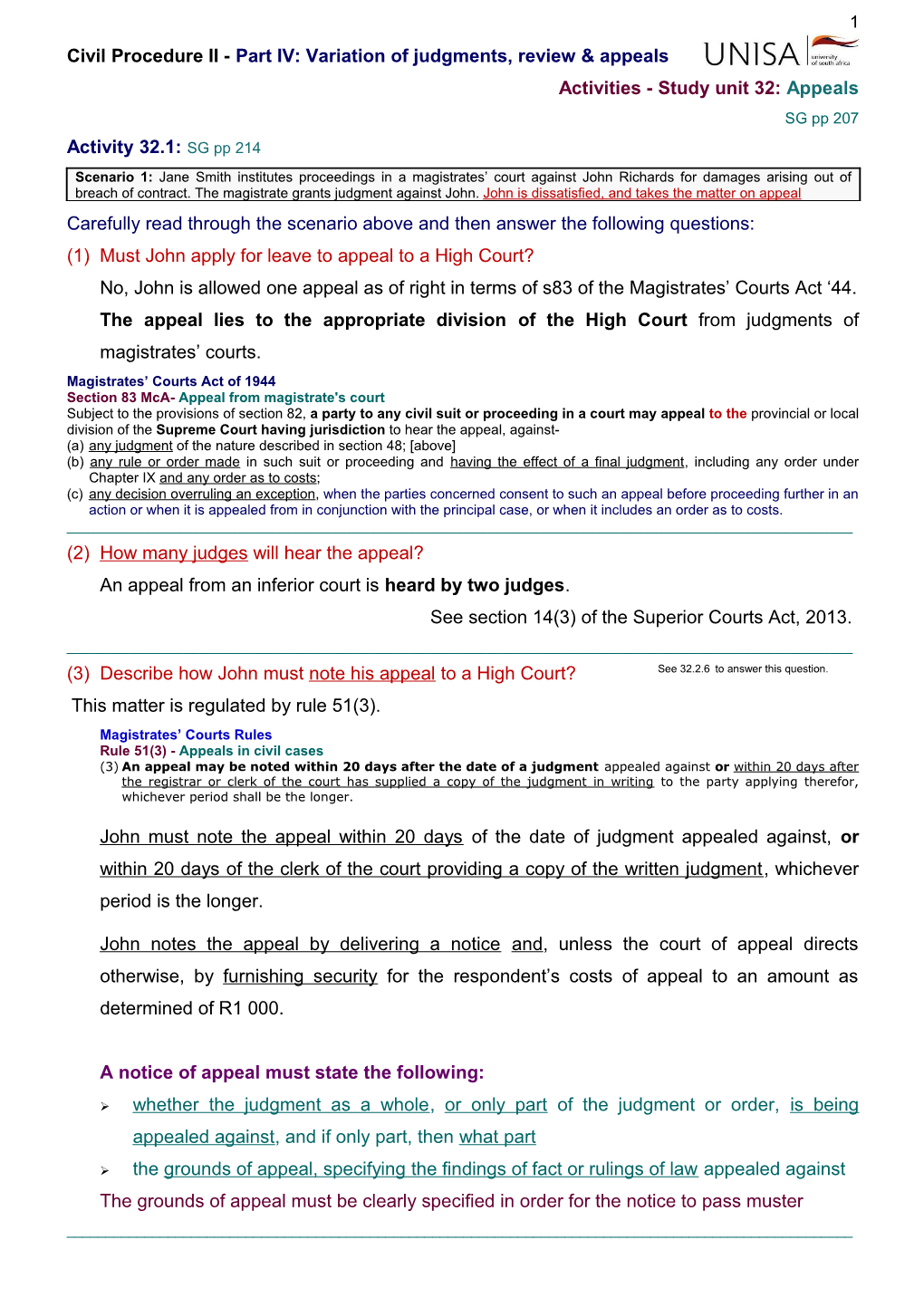 Activities - Study Unit 32: Appeals