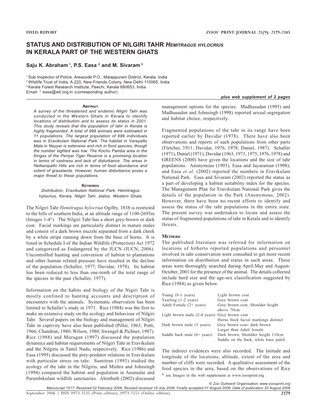 Status and Distribution of Nilgiri Tahr Hemitragus Hylocrius in Kerala Part of the Western Ghats