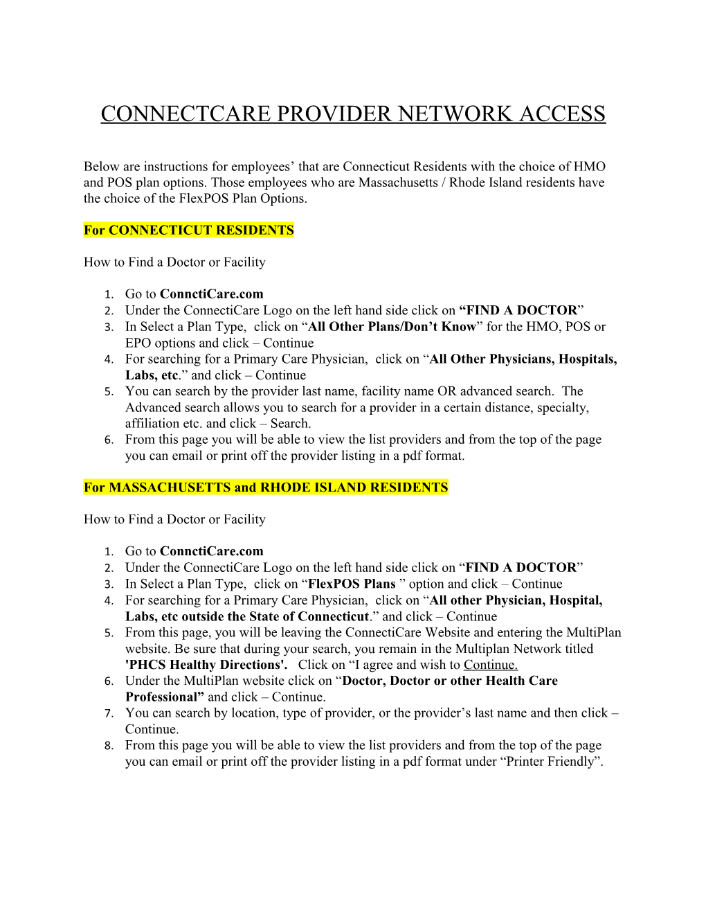 Connectcare Provider Network Access