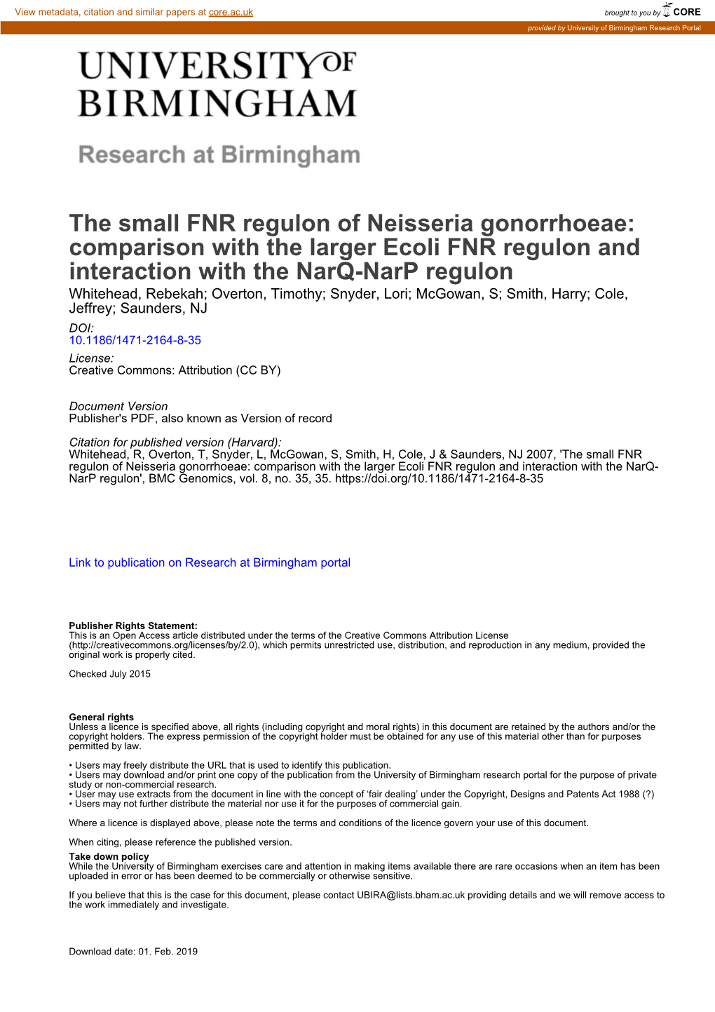 The Small FNR Regulon of Neisseria Gonorrhoeae