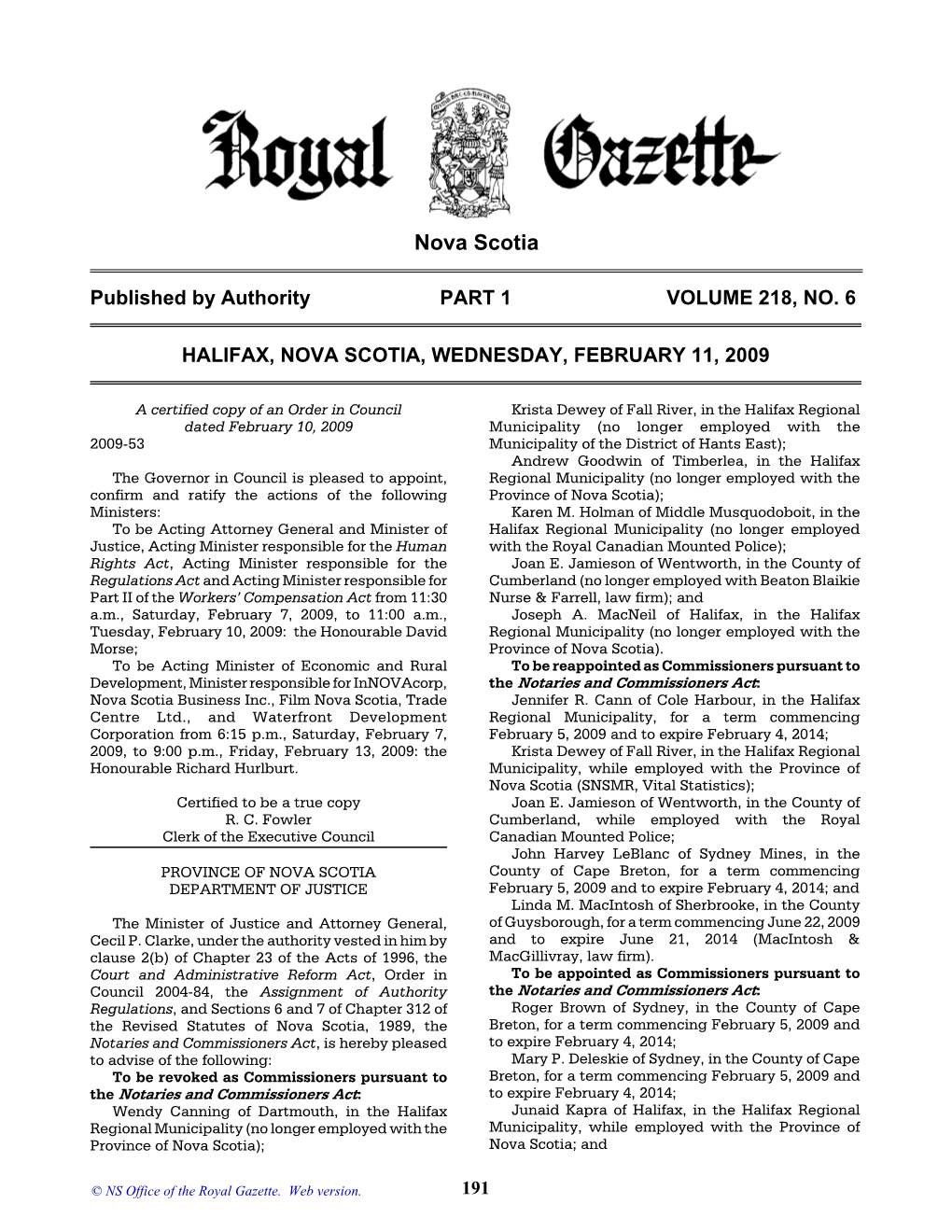 NS Royal Gazette Part I