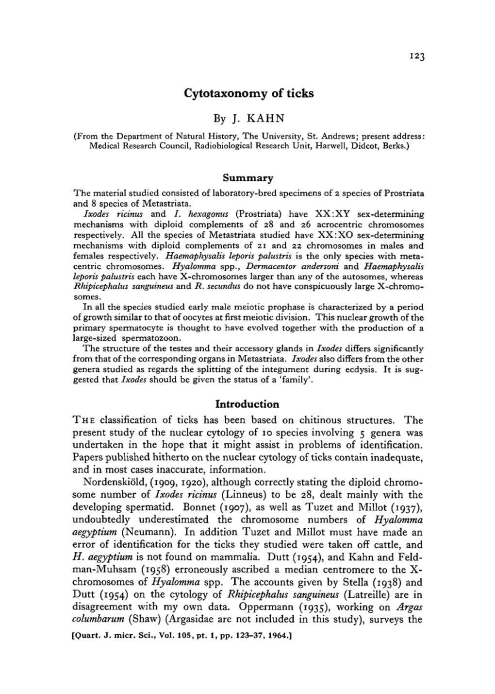 Cytotaxonomy of Ticks by J. KAHN Summary