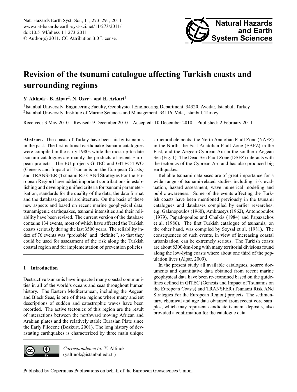 Revision of the Tsunami Catalogue Affecting Turkish Coasts and Surrounding Regions