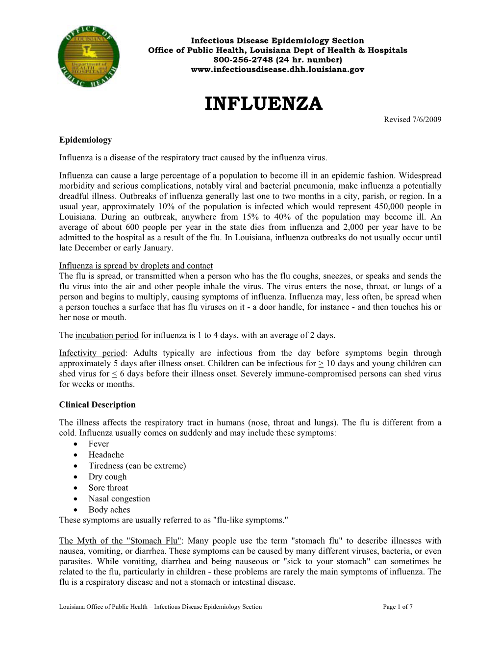 INFLUENZA Revised 7/6/2009