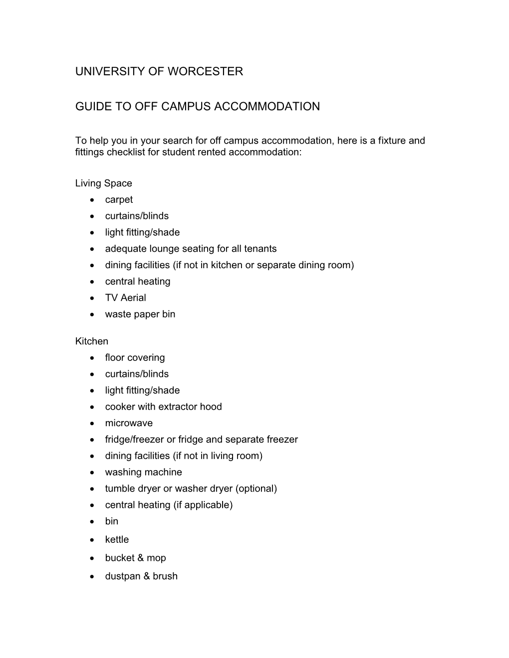 Fixture and Fittings Checklist for Student Rented Accommodation s1