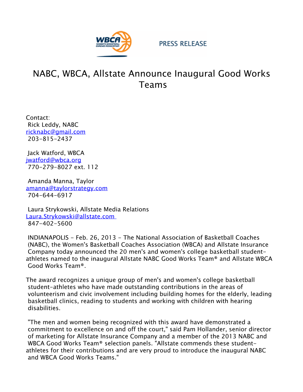 NABC, WBCA, Allstate Announce Inaugural Good Works Teams 2012