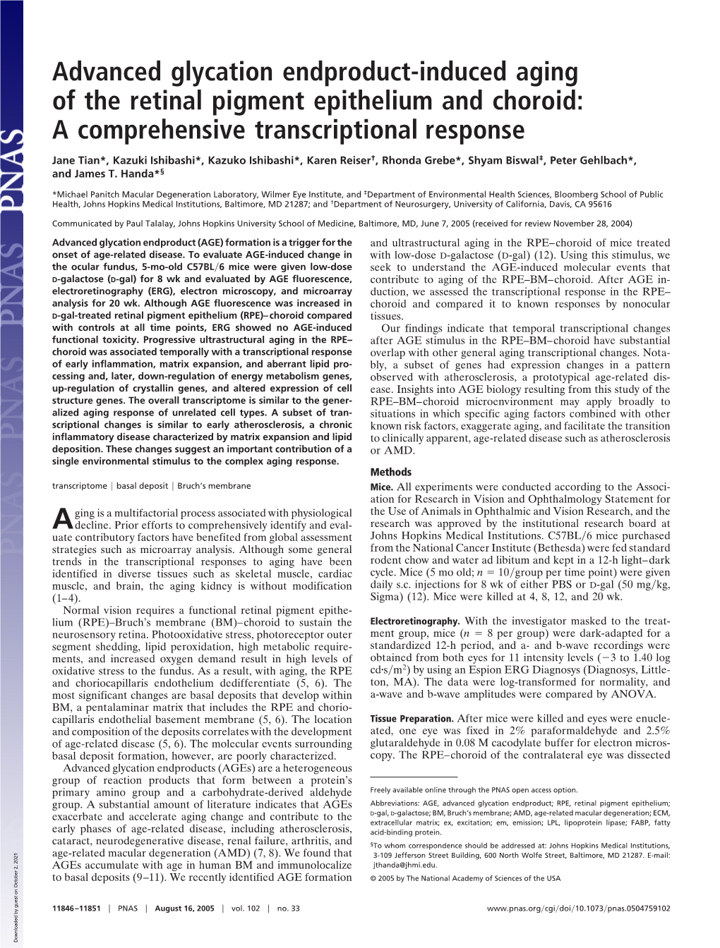 Advanced Glycation Endproduct-Induced Aging of the Retinal Pigment Epithelium and Choroid: a Comprehensive Transcriptional Response