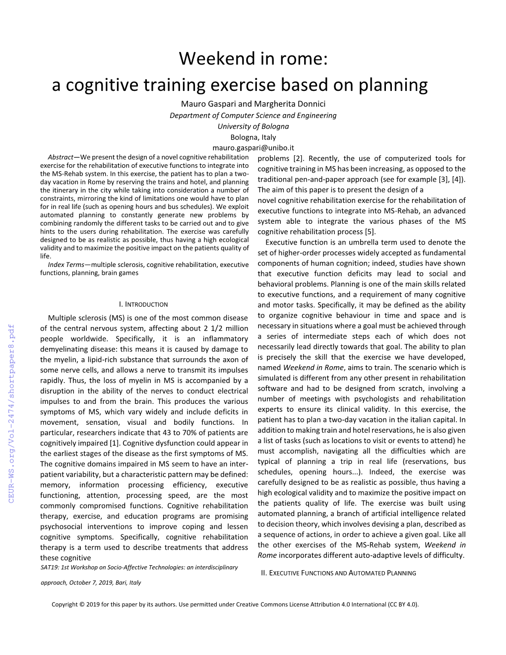 Weekend in Rome: a Cognitive Training Exercise Based on Planning