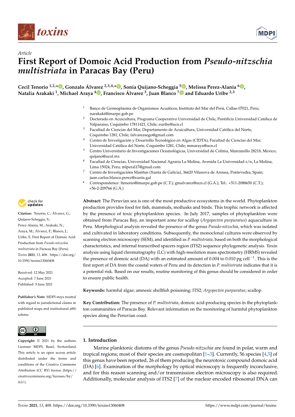 First Report of Domoic Acid Production from Pseudo-Nitzschia Multistriata in Paracas Bay (Peru)