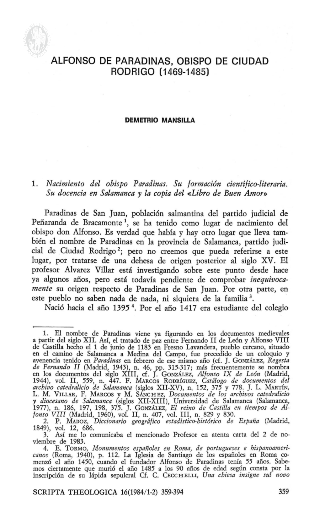 Alfonso De Paradinas, Obispo De Ciudad Rodrigo (1469-1485)