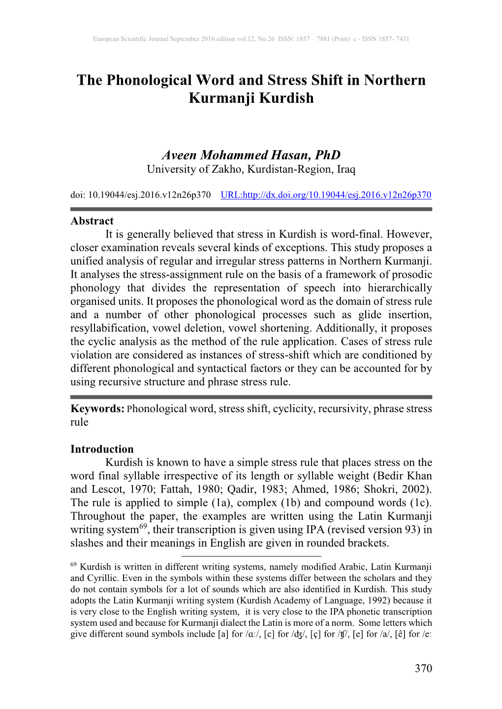 The Phonological Word and Stress Shift in Northern Kurmanji Kurdish