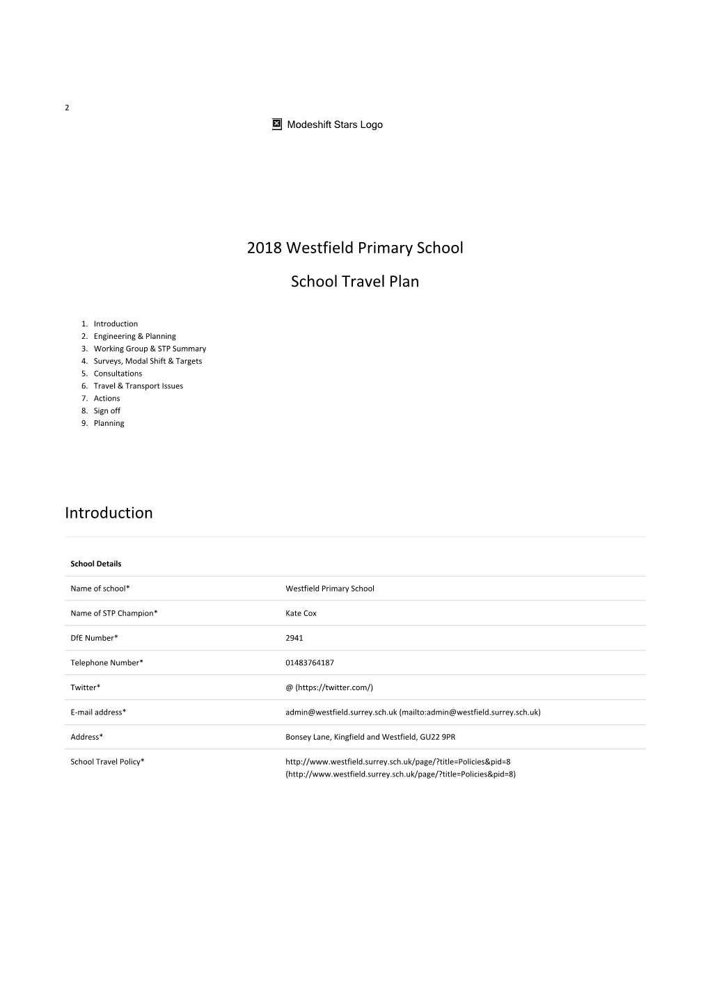 2018 Westfield Primary School School Travel Plan