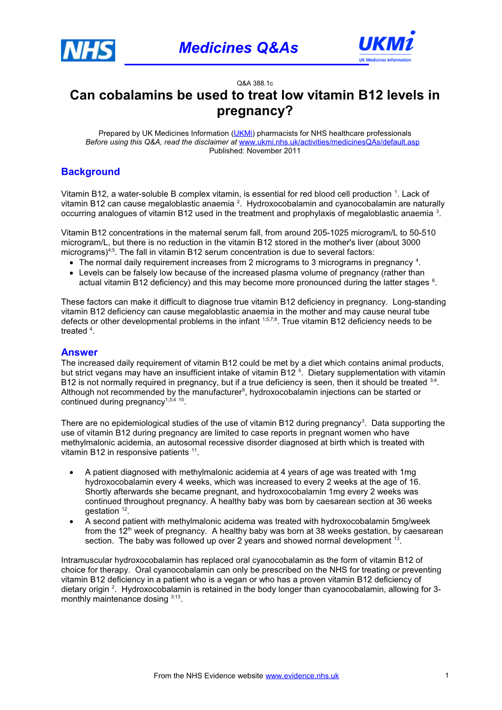 Can Cobalamins Be Used to Treat Low Vitamin B12 Levels in Pregnancy?