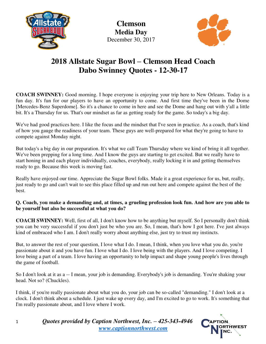 Clemson Head Coach Dabo Swinney Quotes - 12-30-17