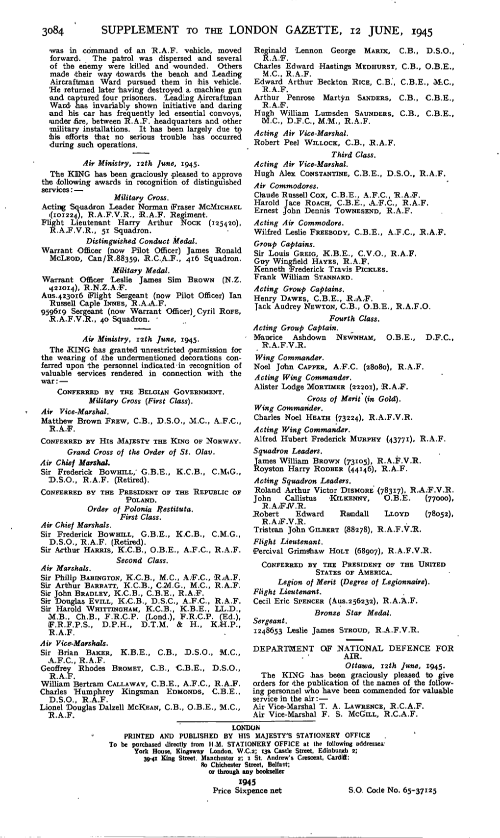 Supplement to the London Gazette, 12 June, 1945