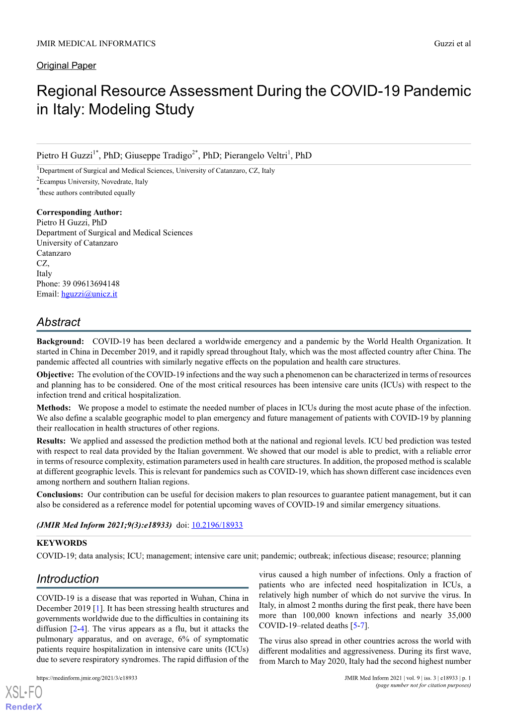 Regional Resource Assessment During the COVID-19 Pandemic in Italy: Modeling Study