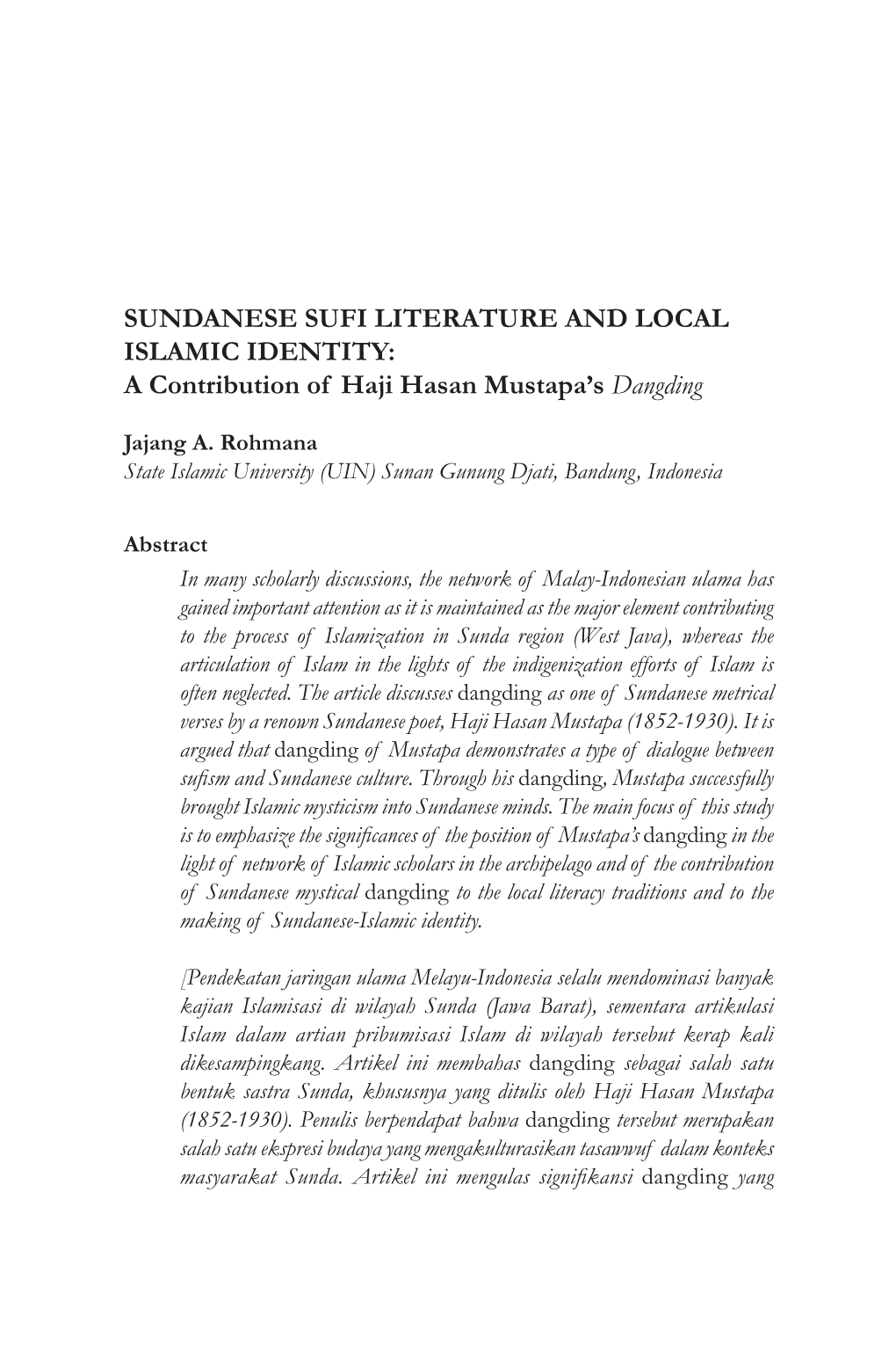 SUNDANESE SUFI LITERATURE and LOCAL ISLAMIC IDENTITY: a Contribution of Haji Hasan Mustapa’S Dangding