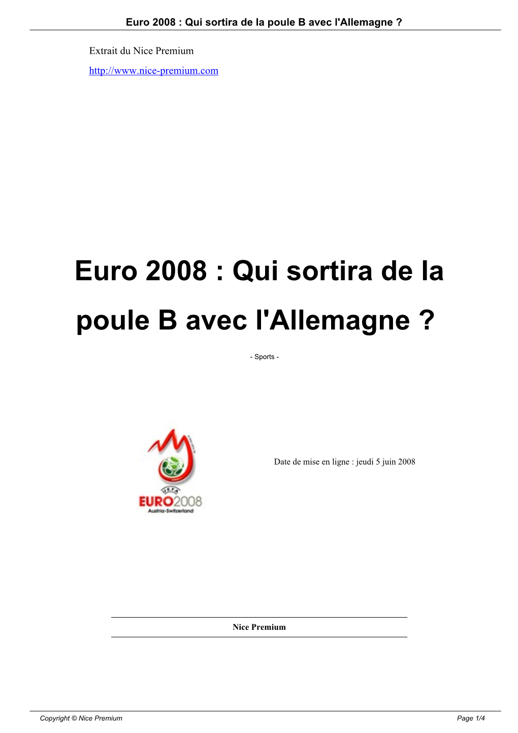 Euro 2008 : Qui Sortira De La Poule B Avec L'allemagne ?