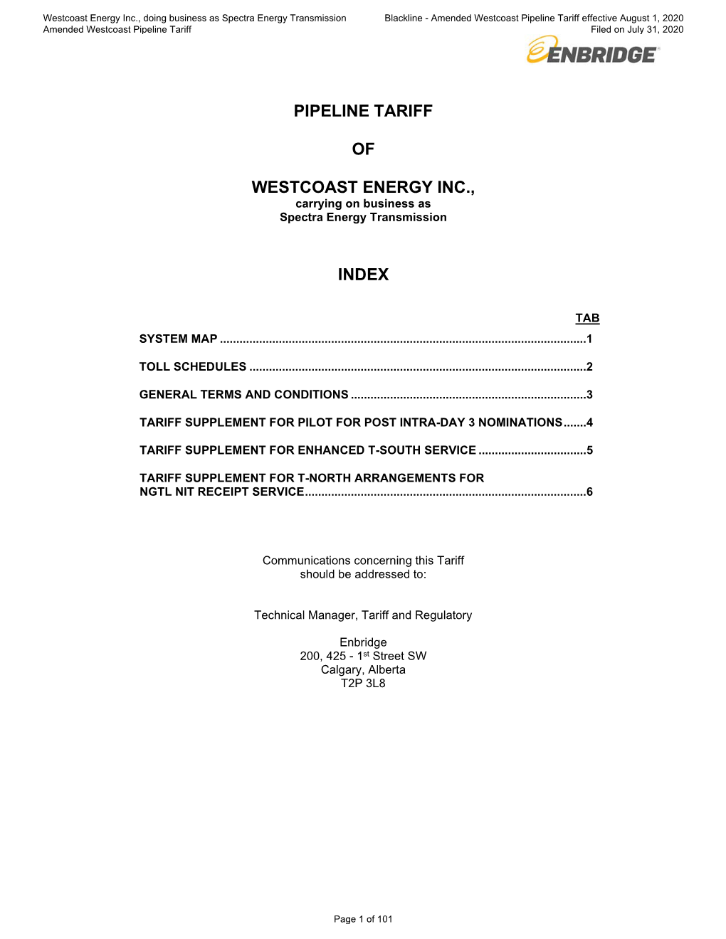 Pipeline Tariff of Westcoast Energy Inc., Index