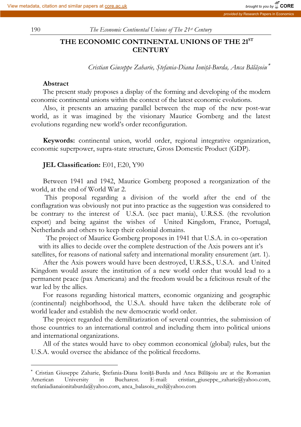 The Economic Continental Unions of the 21St Century