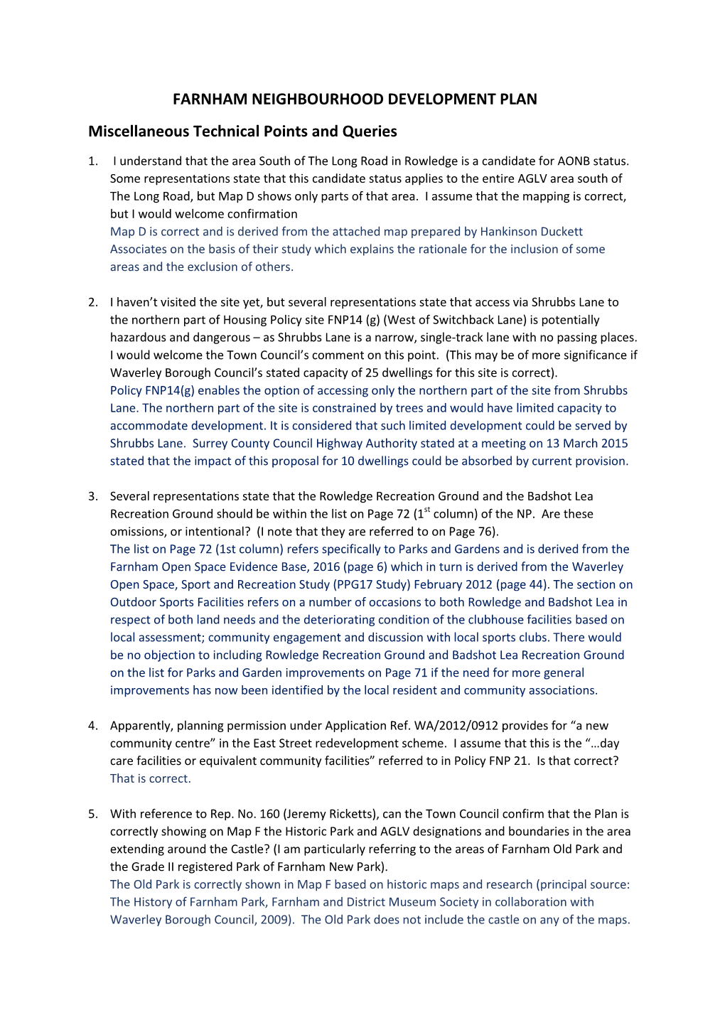 FARNHAM NEIGHBOURHOOD DEVELOPMENT PLAN Miscellaneous Technical Points and Queries