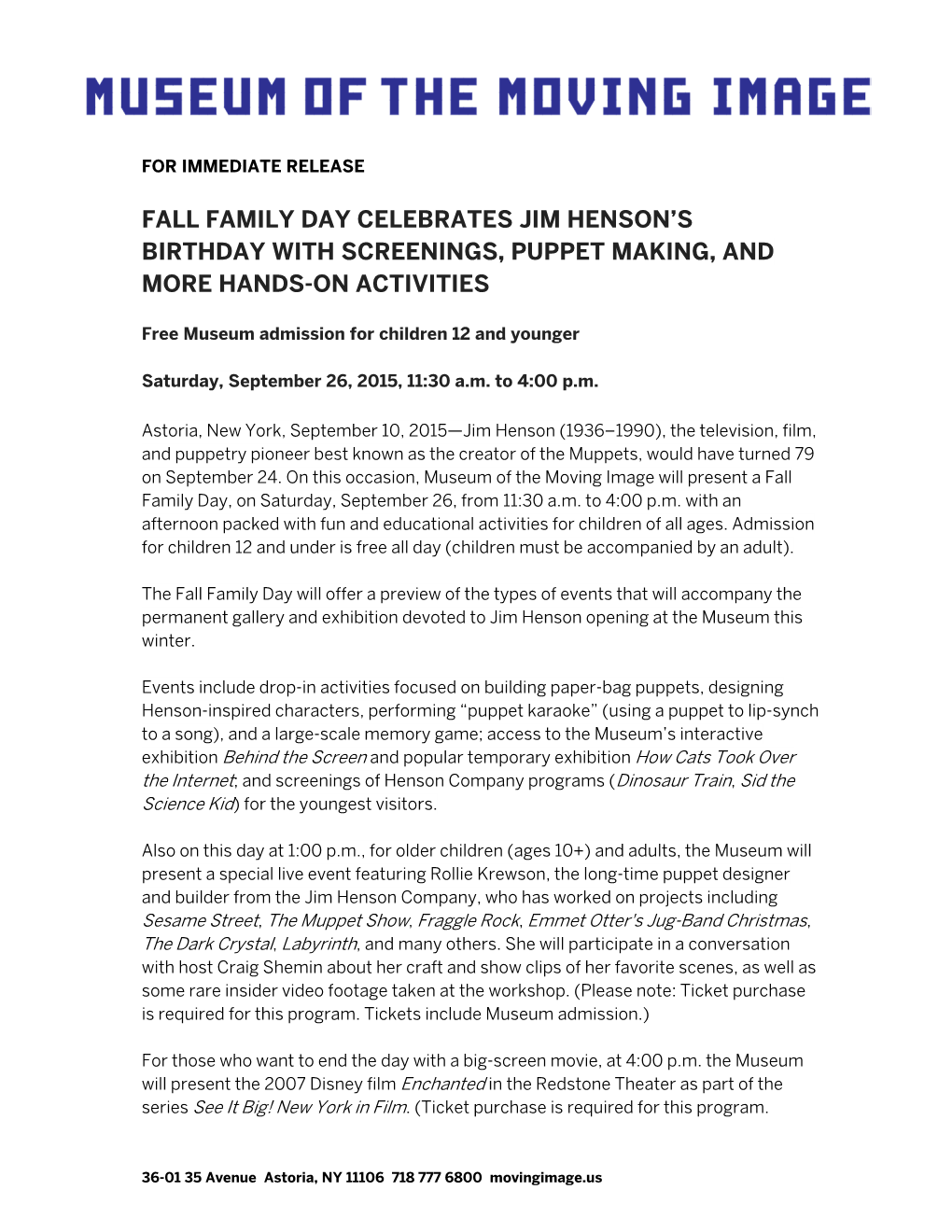 Fall Family Day Celebrates Jim Henson's Birthday With