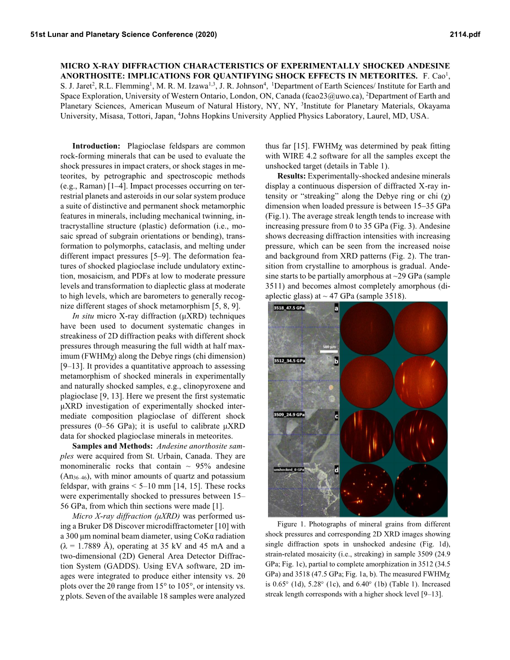 Micro X-Ray Diffraction Characteristics of Experimentally Shocked Andesine Anorthosite: Implications for Quantifying Shock Effects in Meteorites