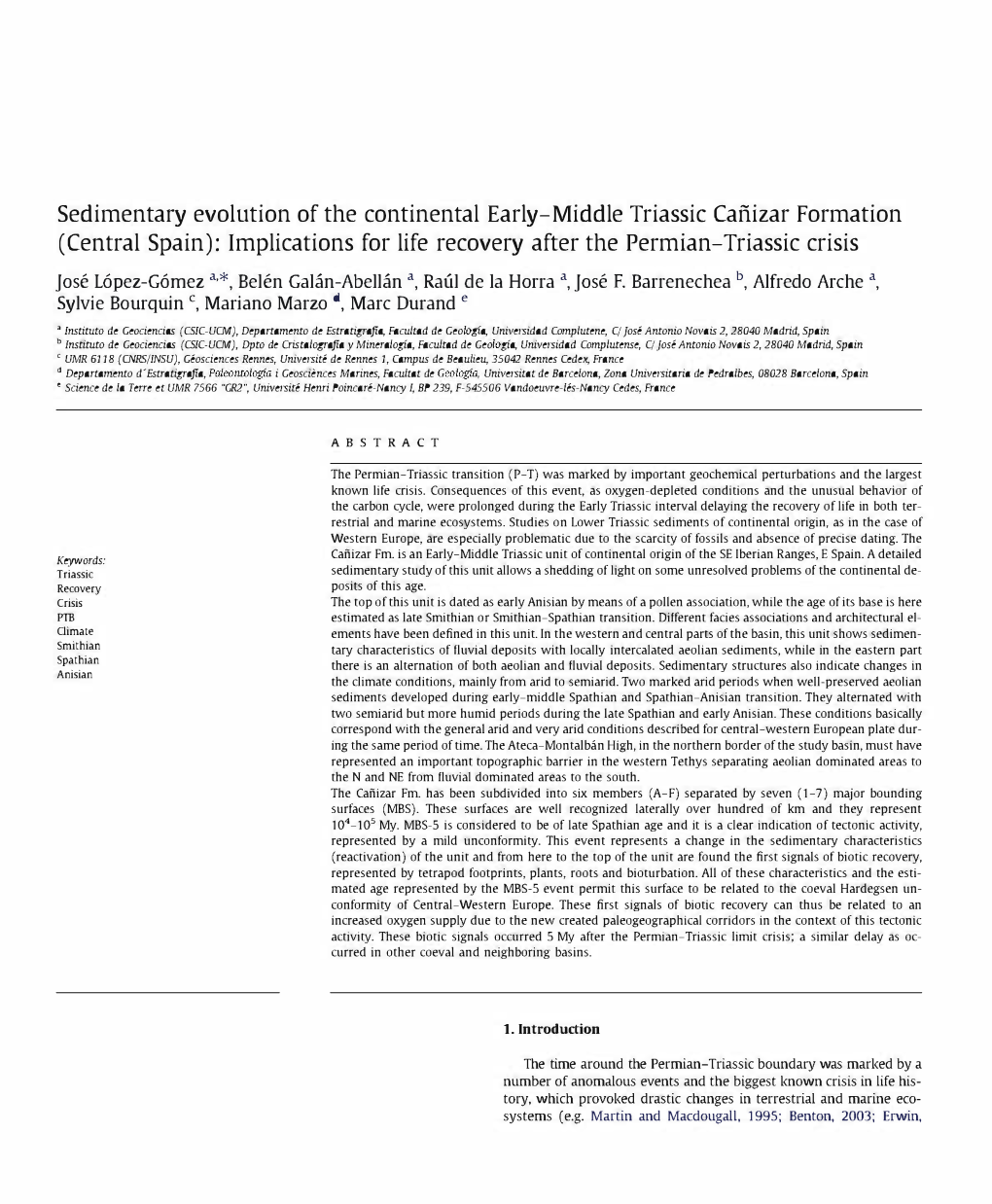 Sedimentary Evolution of the Continental Early-Middle Triassic Cafiizar Formation (Central Spain): Implications for Life Recovery After the Permian-Triassic Crisis