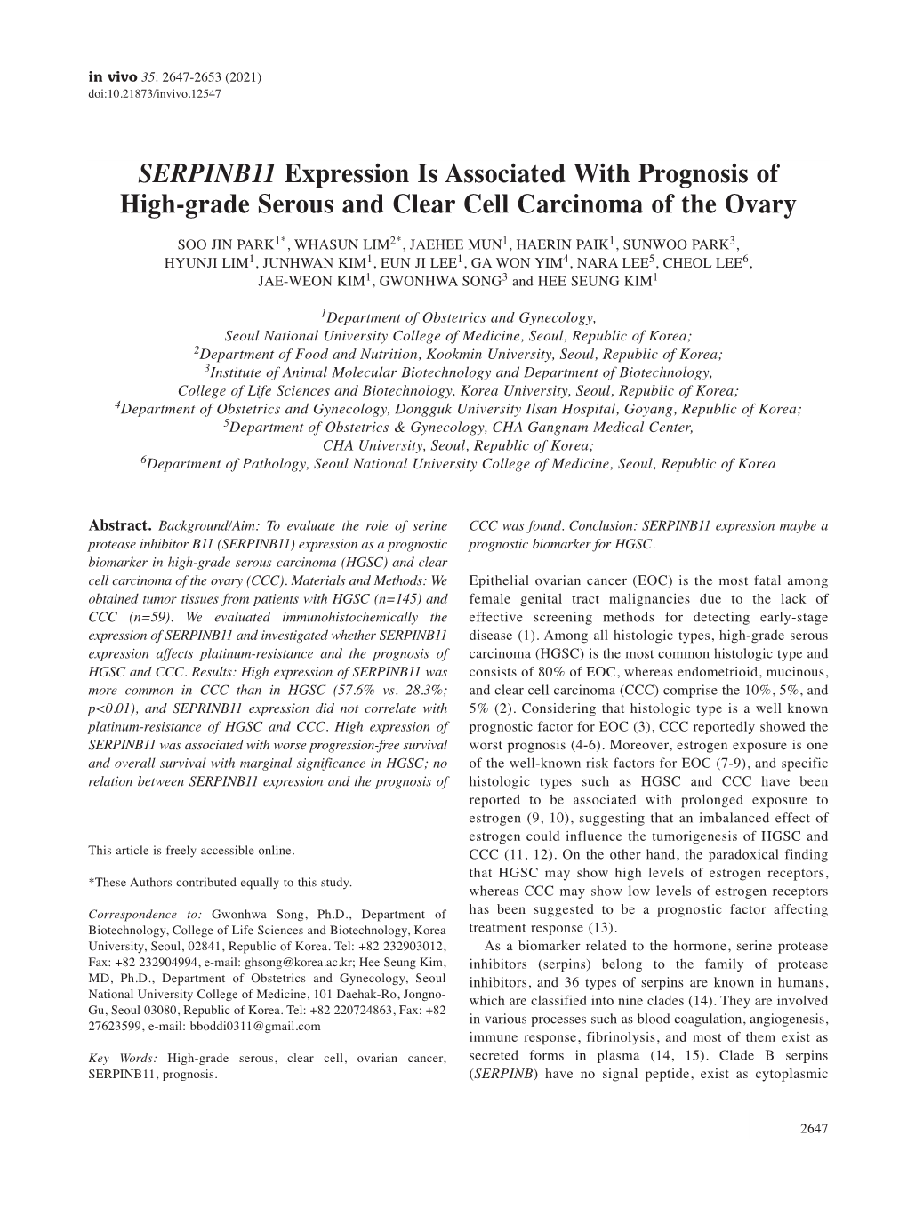 SERPINB11 Expression Is Associated with Prognosis of High-Grade