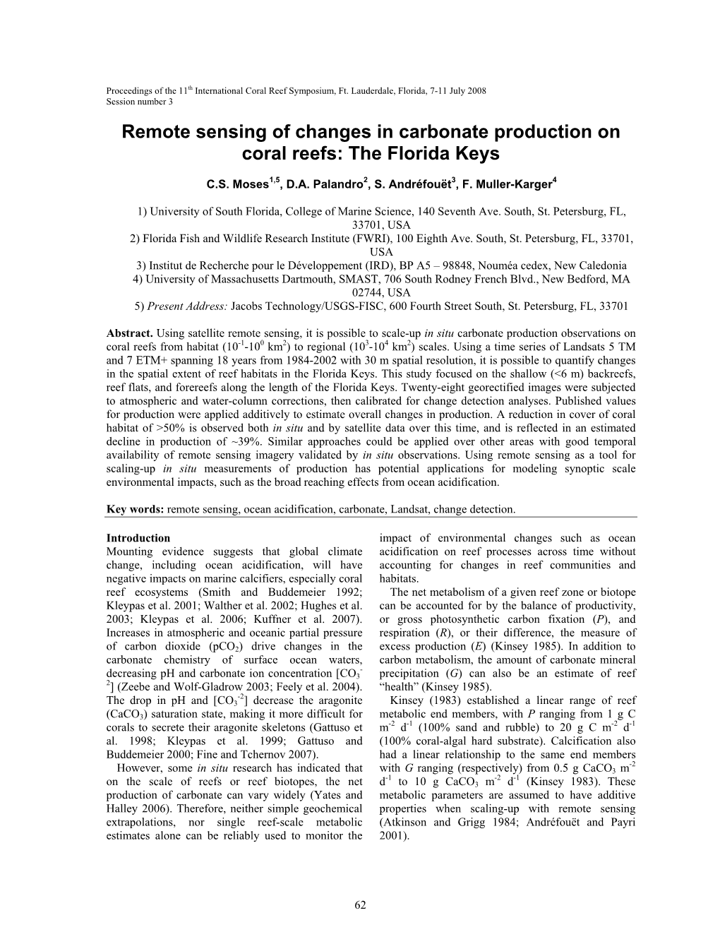 Remote Sensing of Changes in Carbonate Production on Coral Reefs: the Florida Keys