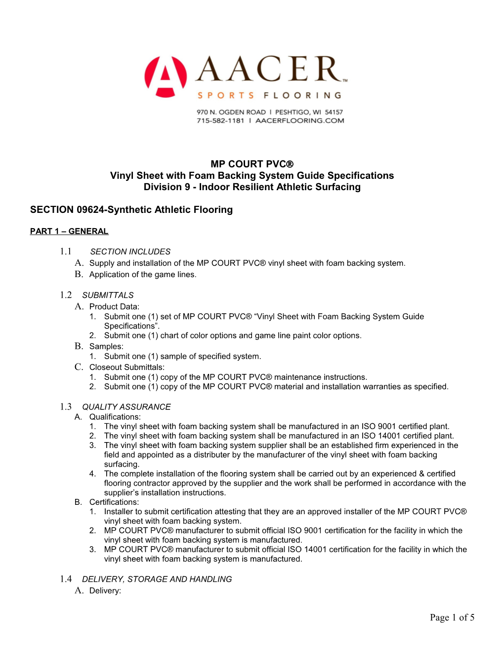 Vinyl Sheet with Foam Backing System Guide Specifications